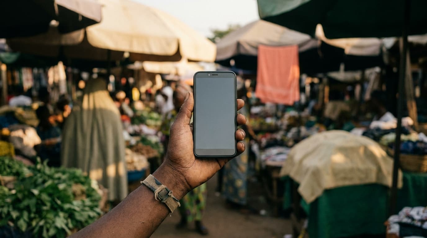 Une main tient un téléphone dans le rayon d'un supermarché de Lomé.