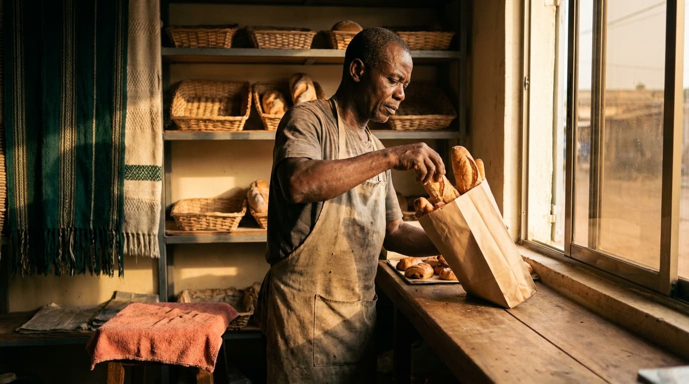 Un restaurateur remplit un sac d'invendus dans sa cuisine, en fin de service.