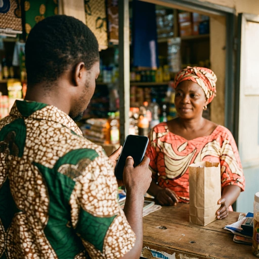 Un client règle son panier depuis son téléphone, au comptoir d'une supérette.